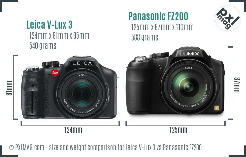 Leica V-Lux 3 vs Panasonic FZ200 size comparison