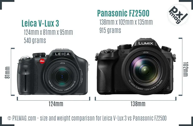 Leica V-Lux 3 vs Panasonic FZ2500 size comparison