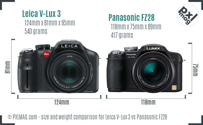 Leica V-Lux 3 vs Panasonic FZ28 size comparison Leica V-Lux 3 vs Panasonic FZ28 size comparison