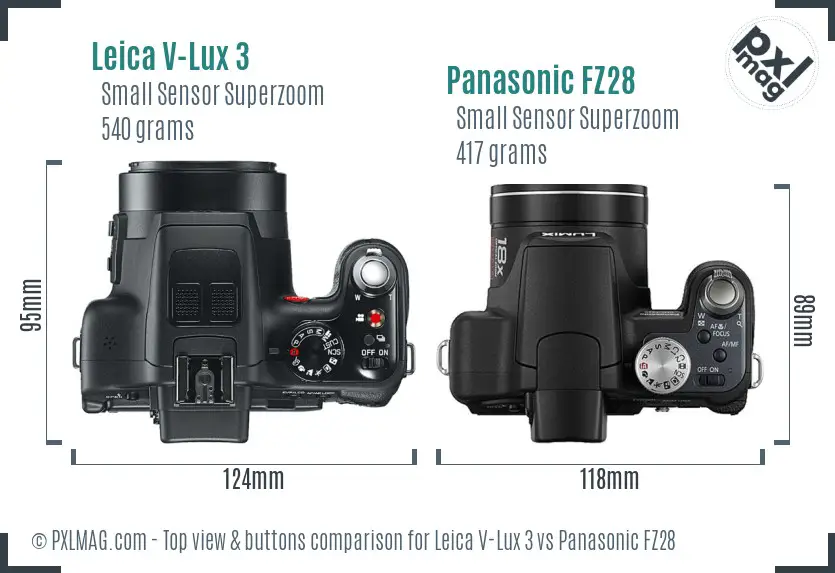 Leica V-Lux 3 vs Panasonic FZ28 top view buttons comparison Leica V-Lux 3 vs Panasonic FZ28 top view buttons comparison