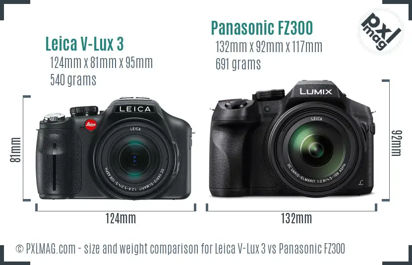 Leica V-Lux 3 vs Panasonic FZ300 size comparison