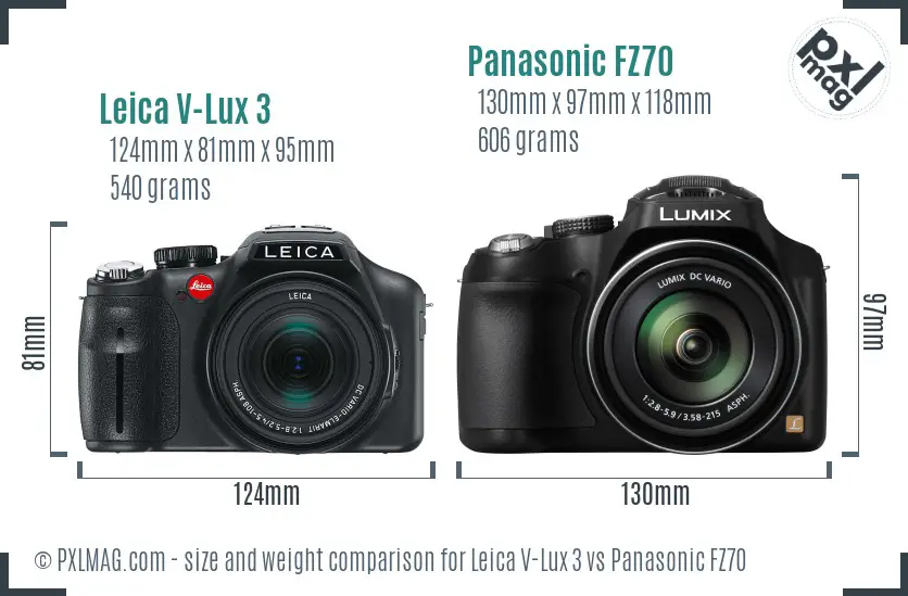 Leica V-Lux 3 vs Panasonic FZ70 size comparison