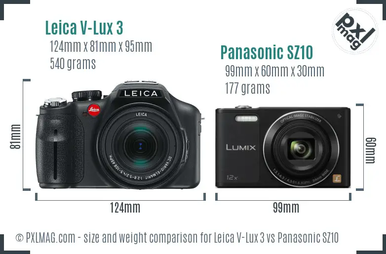 Leica V-Lux 3 vs Panasonic SZ10 size comparison