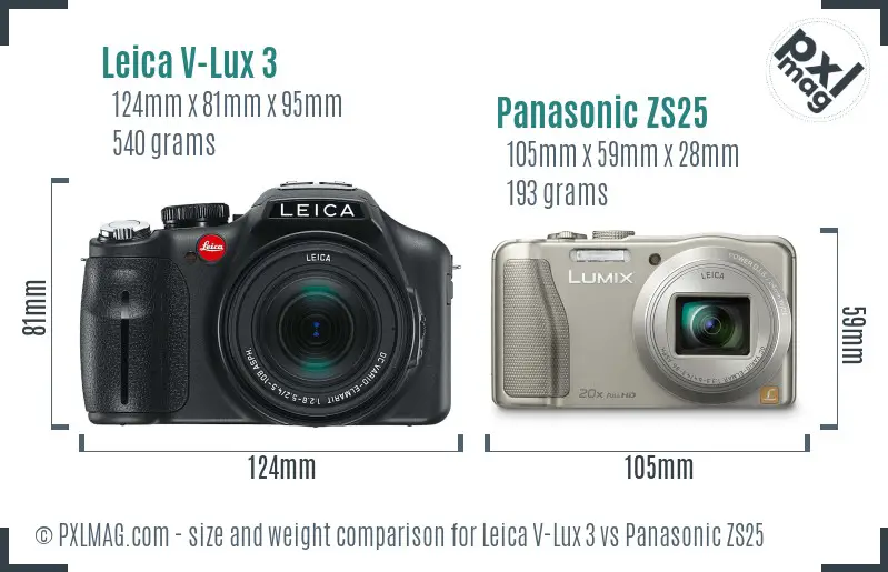 Leica V-Lux 3 vs Panasonic ZS25 size comparison