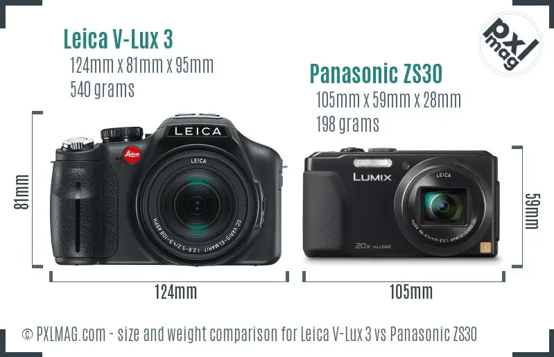 Leica V-Lux 3 vs Panasonic ZS30 size comparison