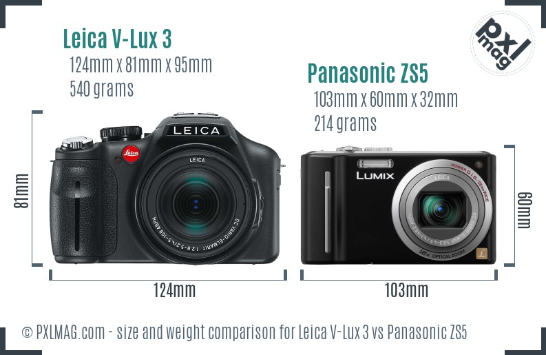 Leica V-Lux 3 vs Panasonic ZS5 size comparison