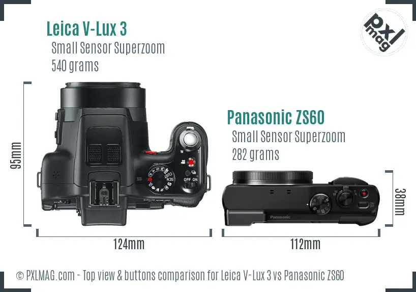 Leica V-Lux 3 vs Panasonic ZS60 top view buttons comparison Leica V-Lux 3 vs Panasonic ZS60 top view buttons comparison
