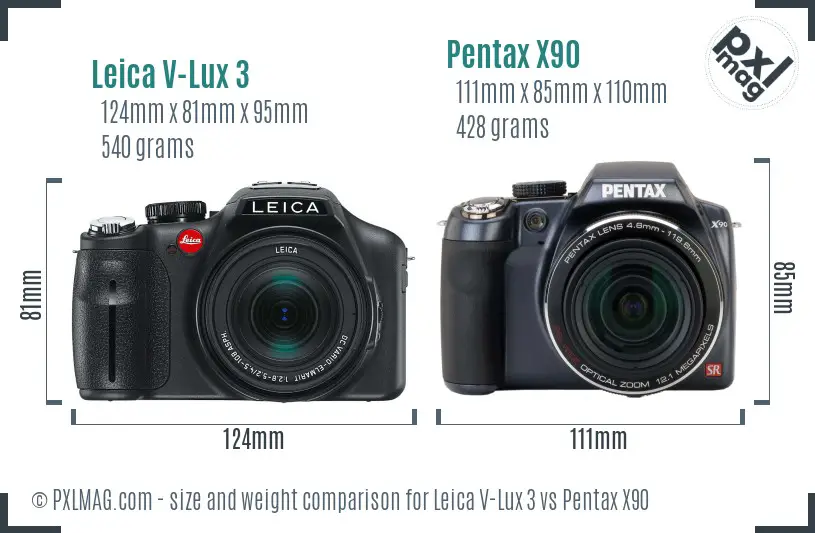 Leica V-Lux 3 vs Pentax X90 size comparison