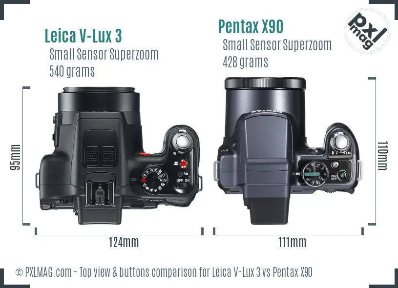 Leica V-Lux 3 vs Pentax X90 top view buttons comparison