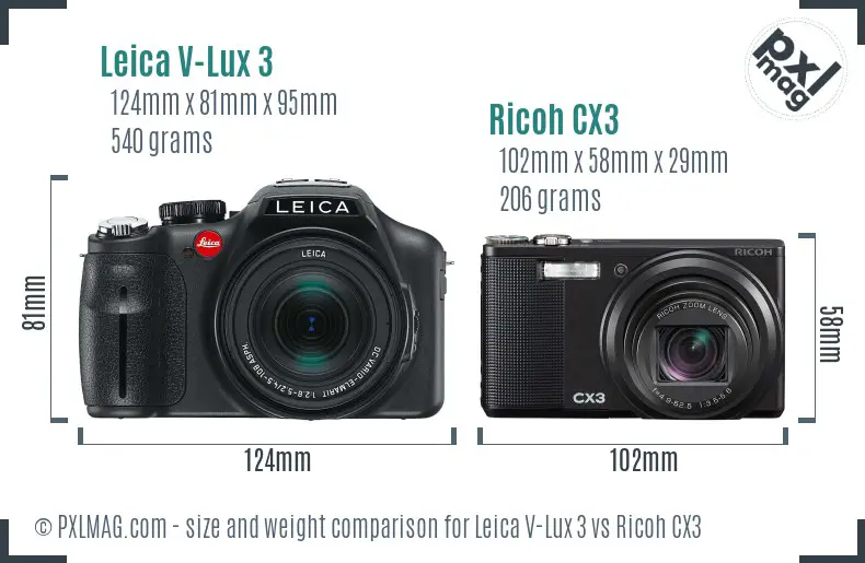 Leica V-Lux 3 vs Ricoh CX3 size comparison
