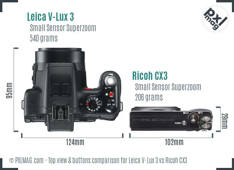 Leica V-Lux 3 vs Ricoh CX3 top view buttons comparison