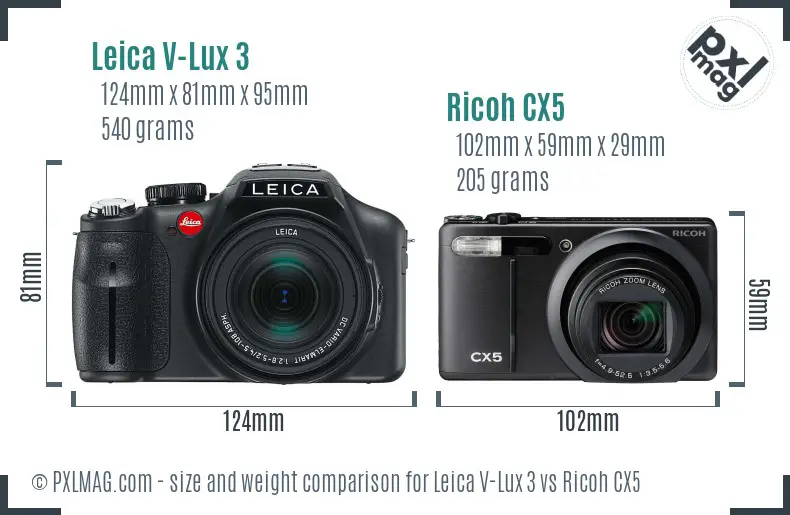 Leica V-Lux 3 vs Ricoh CX5 size comparison