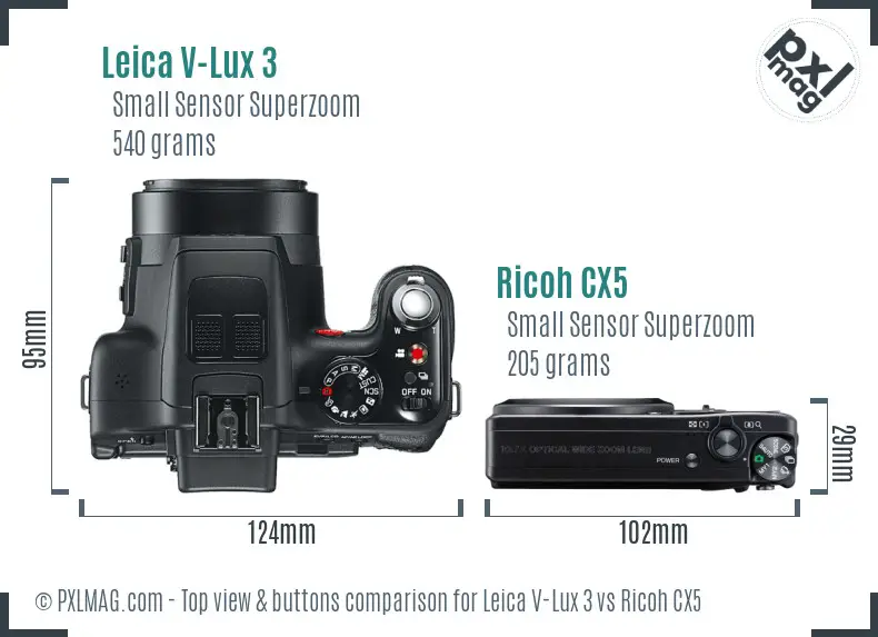 Leica V-Lux 3 vs Ricoh CX5 top view buttons comparison