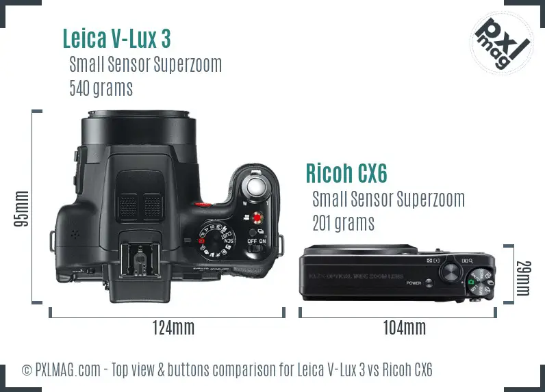 Leica V-Lux 3 vs Ricoh CX6 top view buttons comparison