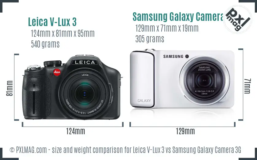 Leica V-Lux 3 vs Samsung Galaxy Camera 3G size comparison