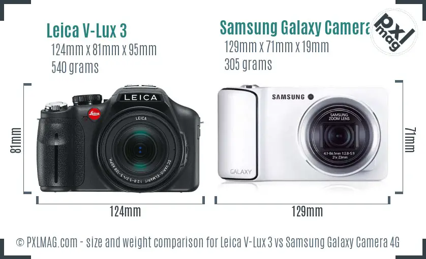 Leica V-Lux 3 vs Samsung Galaxy Camera 4G size comparison