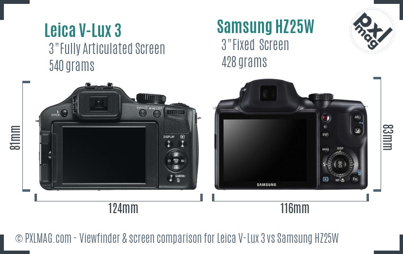 Leica V-Lux 3 vs Samsung HZ25W Screen and Viewfinder comparison