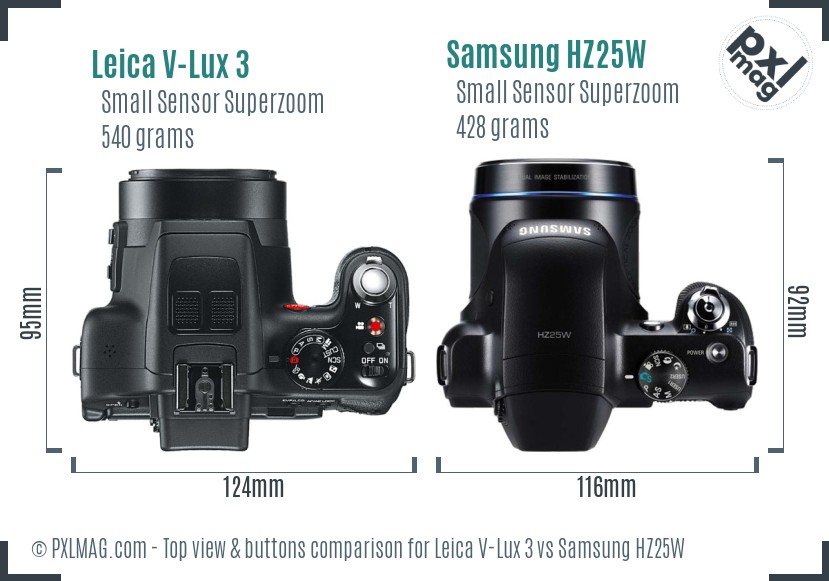 Leica V-Lux 3 vs Samsung HZ25W top view buttons comparison