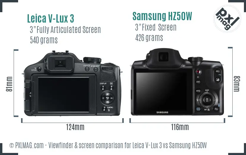 Leica V-Lux 3 vs Samsung HZ50W Screen and Viewfinder comparison