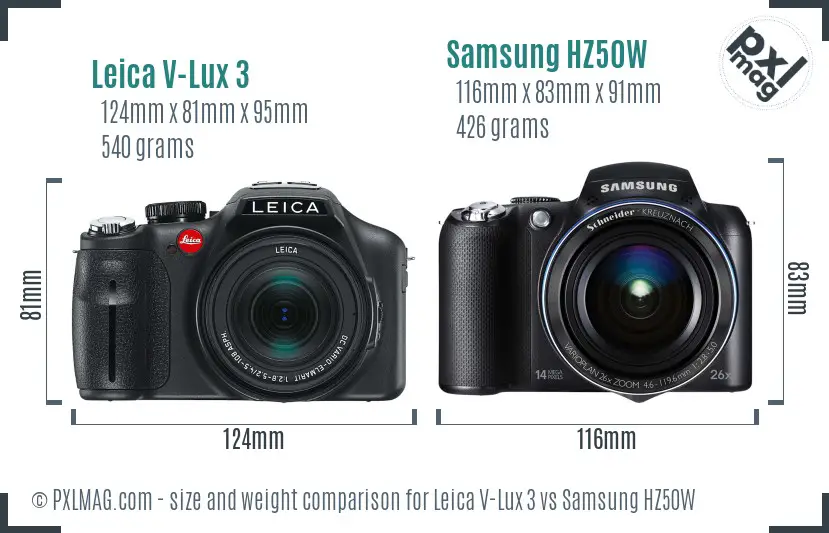 Leica V-Lux 3 vs Samsung HZ50W size comparison