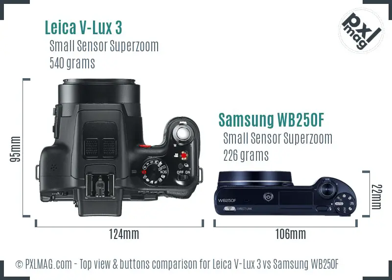 Leica V-Lux 3 vs Samsung WB250F top view buttons comparison Leica V-Lux 3 vs Samsung WB250F top view buttons comparison