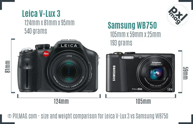 Leica V-Lux 3 vs Samsung WB750 size comparison