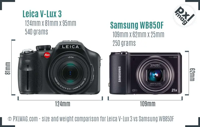 Leica V-Lux 3 vs Samsung WB850F size comparison