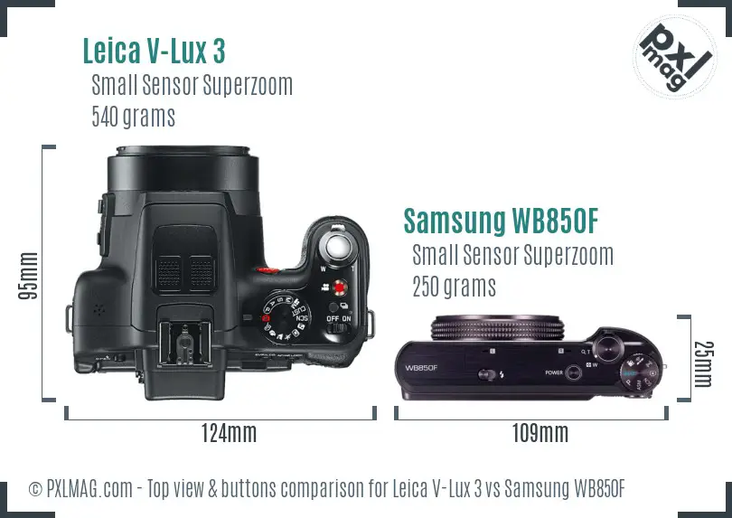 Leica V-Lux 3 vs Samsung WB850F top view buttons comparison