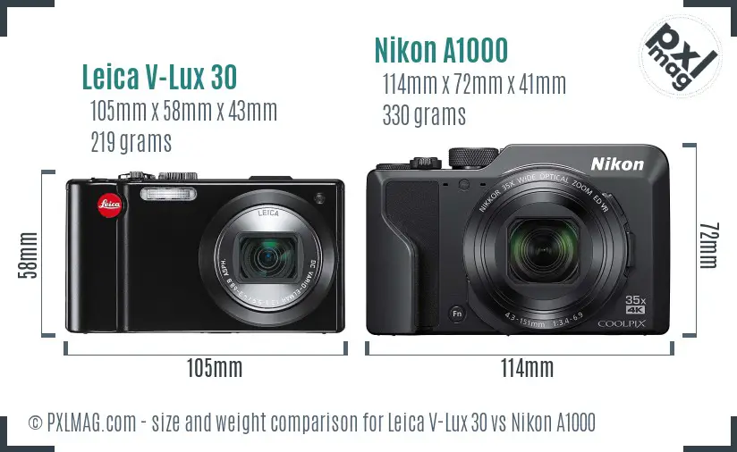 Leica V-Lux 30 vs Nikon A1000 size comparison