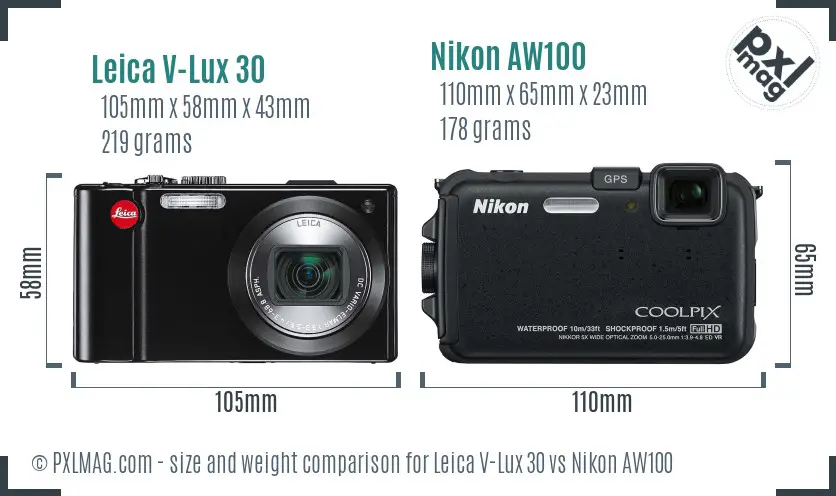 Leica V-Lux 30 vs Nikon AW100 size comparison