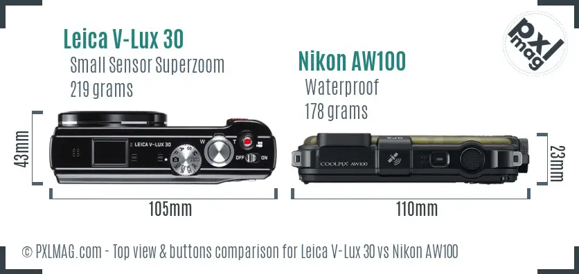 Leica V-Lux 30 vs Nikon AW100 top view buttons comparison