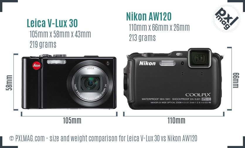 Leica V-Lux 30 vs Nikon AW120 size comparison Leica V-Lux 30 vs Nikon AW120 size comparison