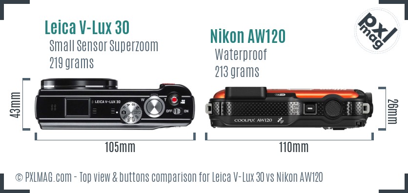 Leica V-Lux 30 vs Nikon AW120 top view buttons comparison
