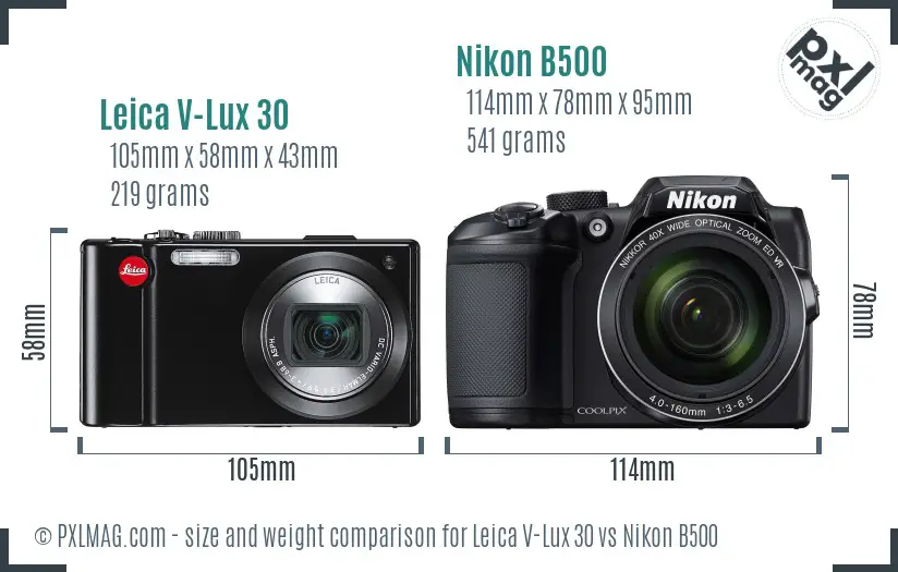 Leica V-Lux 30 vs Nikon B500 size comparison