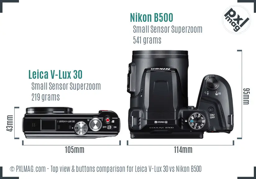 Leica V-Lux 30 vs Nikon B500 top view buttons comparison