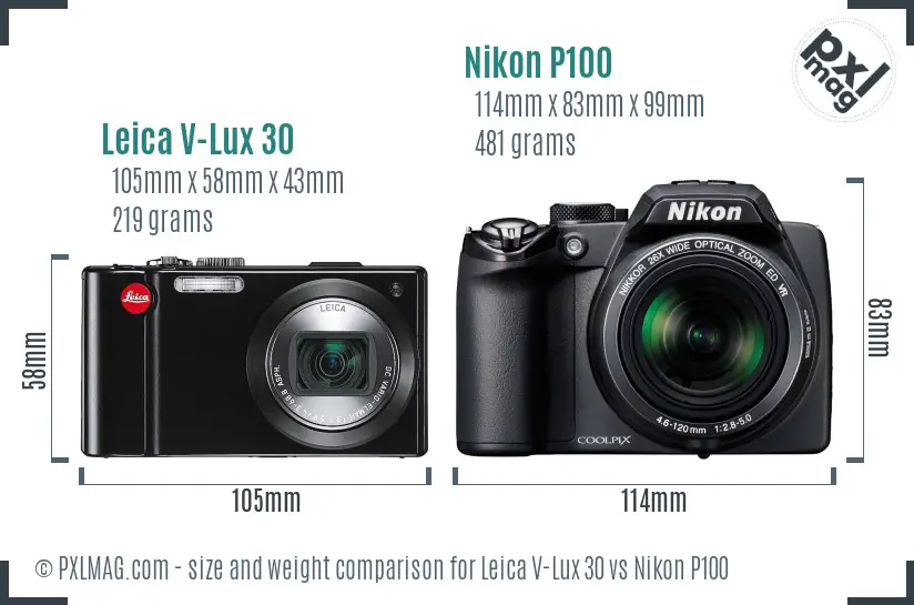 Leica V-Lux 30 vs Nikon P100 size comparison