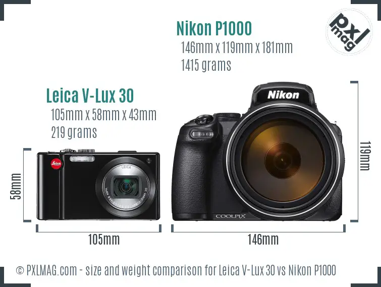 Leica V-Lux 30 vs Nikon P1000 size comparison