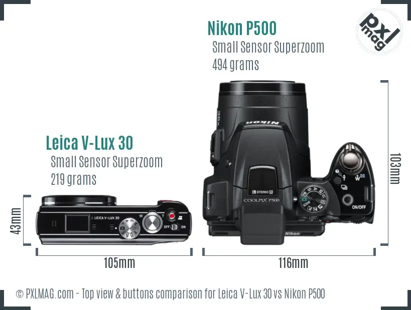 Leica V-Lux 30 vs Nikon P500 top view buttons comparison