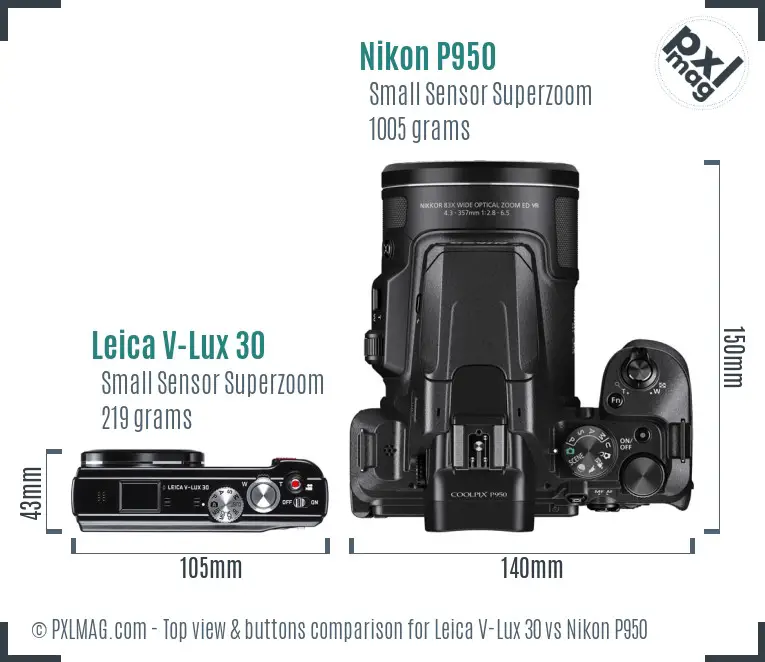 Leica V-Lux 30 vs Nikon P950 top view buttons comparison
