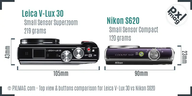 Leica V-Lux 30 vs Nikon S620 top view buttons comparison Leica V-Lux 30 vs Nikon S620 top view buttons comparison