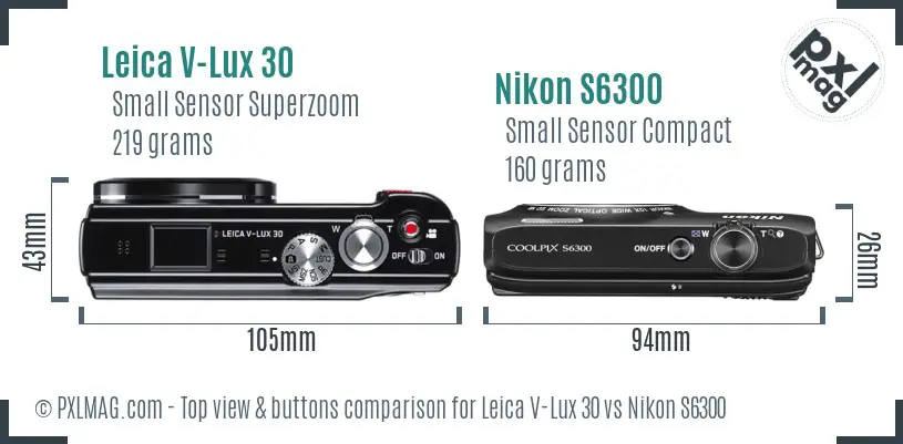 Leica V-Lux 30 vs Nikon S6300 top view buttons comparison Leica V-Lux 30 vs Nikon S6300 top view buttons comparison