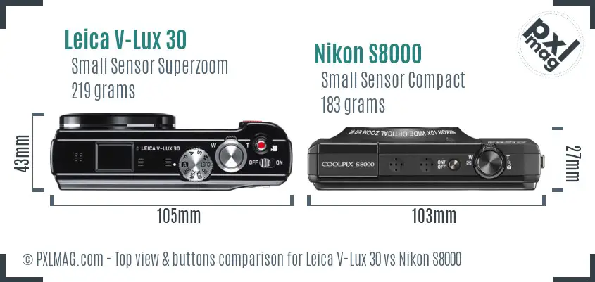 Leica V-Lux 30 vs Nikon S8000 top view buttons comparison Leica V-Lux 30 vs Nikon S8000 top view buttons comparison
