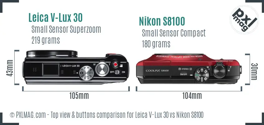 Leica V-Lux 30 vs Nikon S8100 top view buttons comparison