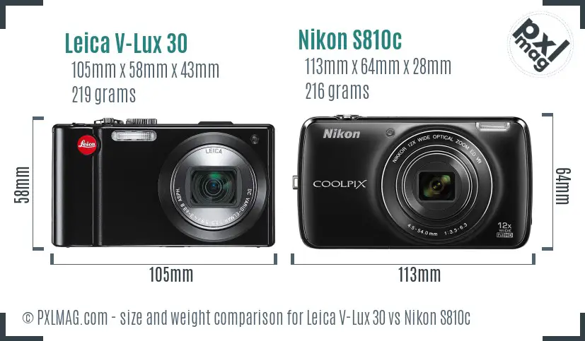 Leica V-Lux 30 vs Nikon S810c size comparison