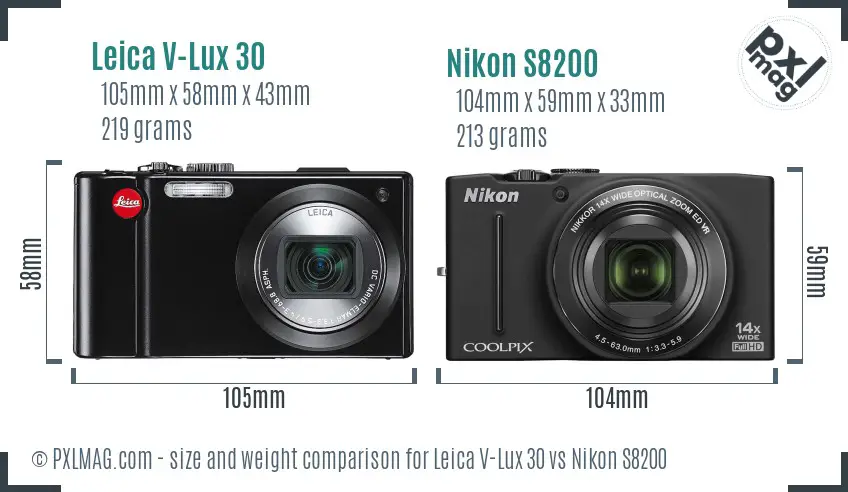 Leica V-Lux 30 vs Nikon S8200 size comparison