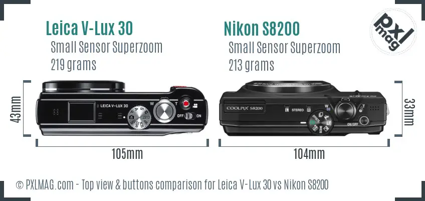 Leica V-Lux 30 vs Nikon S8200 top view buttons comparison