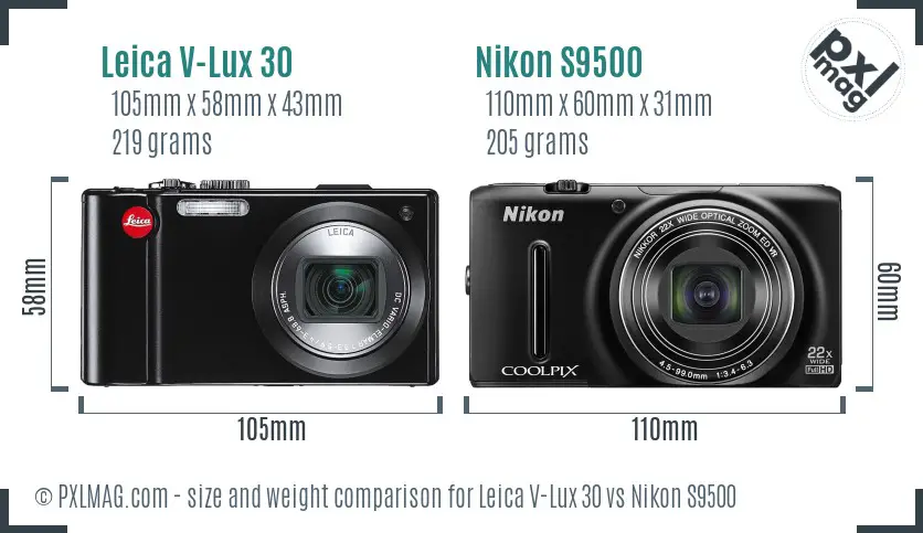 Leica V-Lux 30 vs Nikon S9500 size comparison