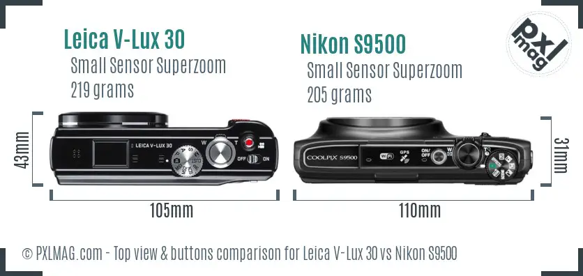 Leica V-Lux 30 vs Nikon S9500 top view buttons comparison