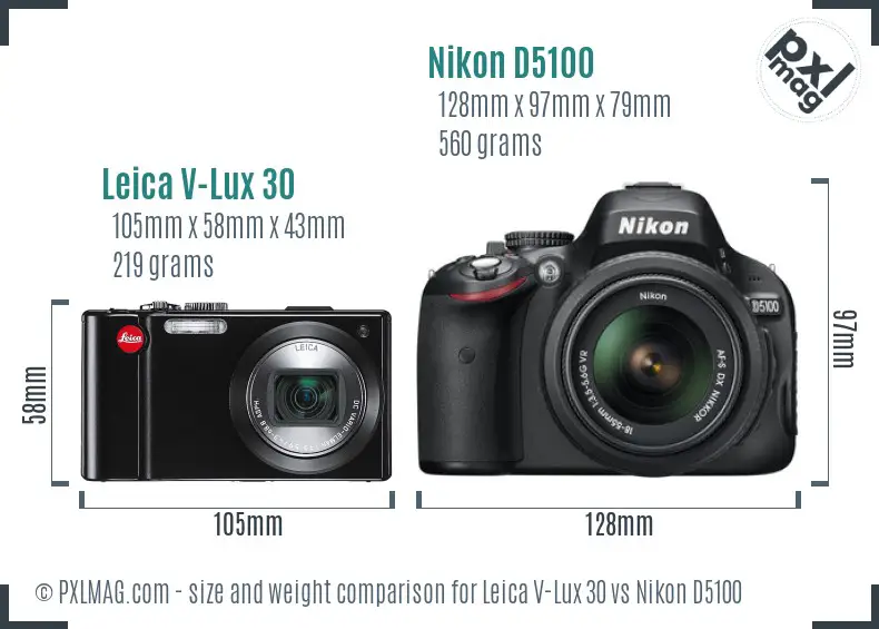 Leica V-Lux 30 vs Nikon D5100 size comparison