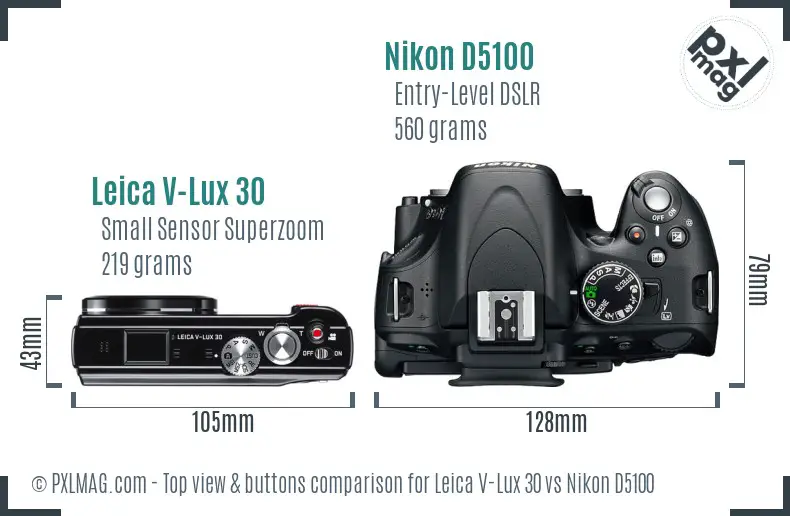 Leica V-Lux 30 vs Nikon D5100 top view buttons comparison